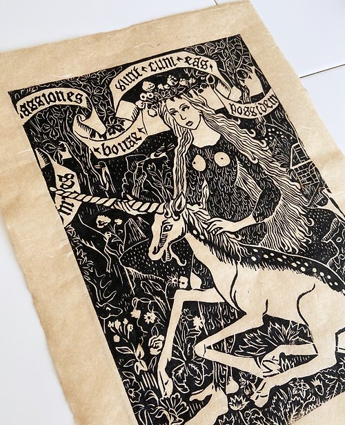 monochomier Medieval Gothic art Woman with Unicorn lino print 26x35 cm