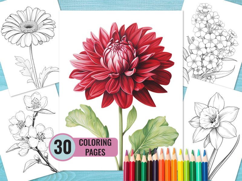 Flower Coloring Pages 30 Printable PDF Pages for Adults and Kids Grayscale - 電子似顏繪/繪畫/插畫 - 其他材質 