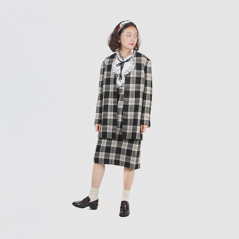 [Egg plant vintage] Canary check wool vintage suit - One Piece Dresses - Wool Black