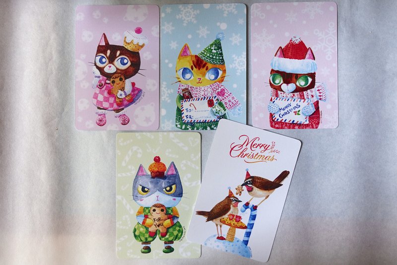 hand-painted cats and birds Christmas postcard - การ์ด/โปสการ์ด - กระดาษ หลากหลายสี