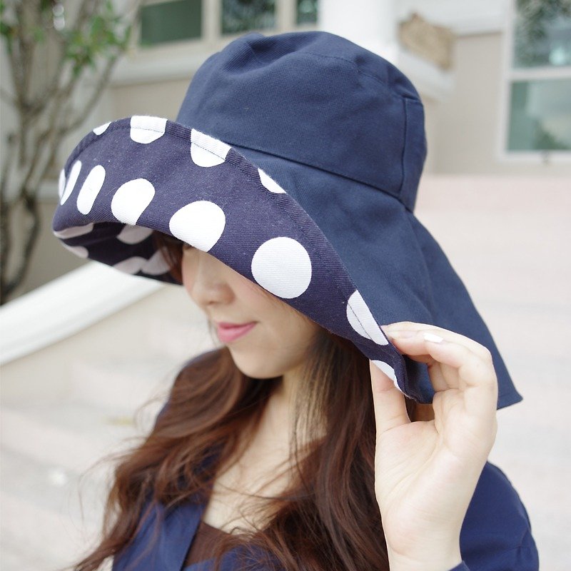 復古可逆寬邊太陽帽（太陽紫外線防護） - 帽子 - 聚酯纖維 藍色