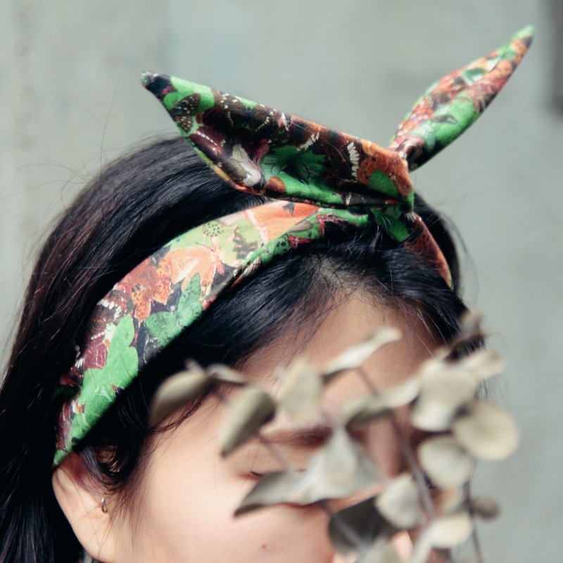 Butterfly Le Papillon / green and brown American cotton cloth / handmade aluminum wire hair band_Le Papillon//American cotton cloth/Taiwan handmade aluminum steel hair band - Hair Accessories - Cotton & Hemp Brown