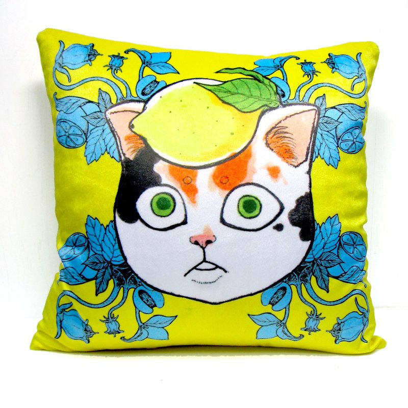 GOOKASO 鮮黃色 檸檬貓咪頭像抱枕CUSHION 枕套 枕芯 套裝 可拆洗 - 枕頭/抱枕 - 聚酯纖維 綠色