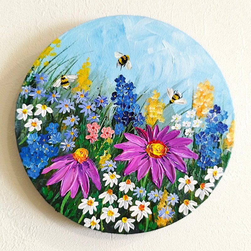 Wildflowers Painting Landscape Bumblebees Textured Art  Insect wall decor - 壁貼/牆壁裝飾 - 壓克力 多色