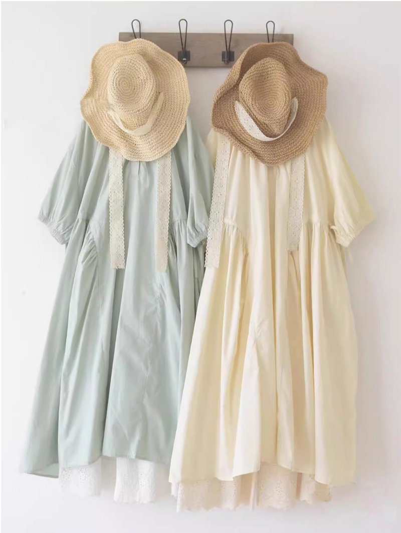 [Mori Orihai] Macaron drawstring dress (pre-order) - ชุดเดรส - ผ้าฝ้าย/ผ้าลินิน สีเขียว