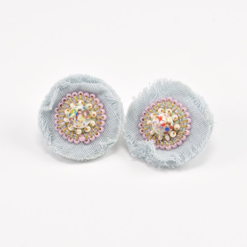 訳あり品　ガーゼとビーズのピアス12 - 耳環/耳夾 - 棉．麻 藍色
