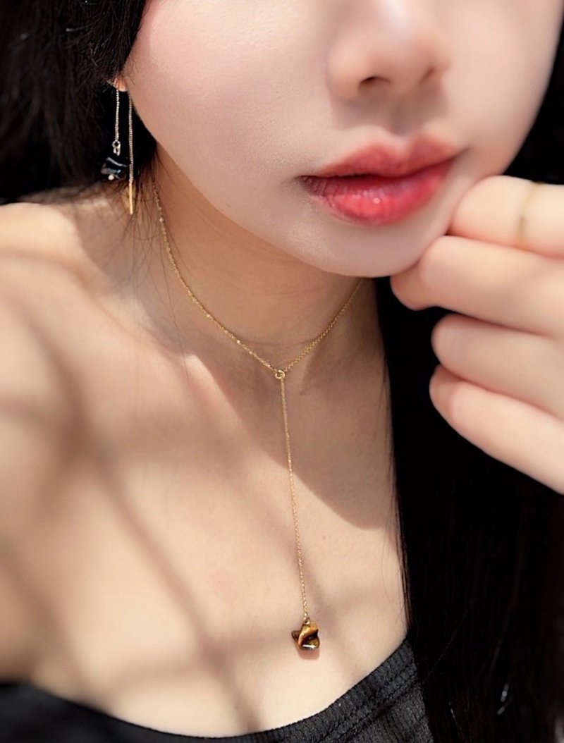 Simple and neat linear natural Stone 18k gold original handmade niche beaded earrings necklace - Necklaces - Gemstone Brown