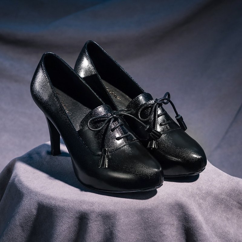 Tassel Strap Leather High Heels-Black - รองเท้าส้นสูง - หนังแท้ 