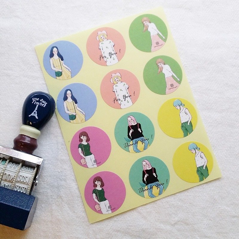 Sweet lemon girl with round stickers / 12 pieces - สติกเกอร์ - กระดาษ 
