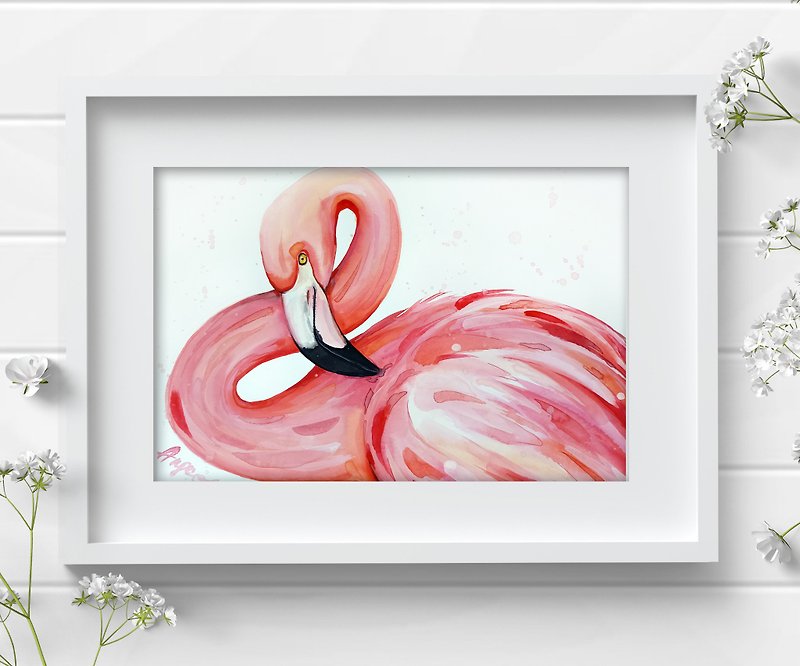 Watercolor original art flamingo bird room decor painting by Anne Gorywine - ตกแต่งผนัง - กระดาษ ขาว