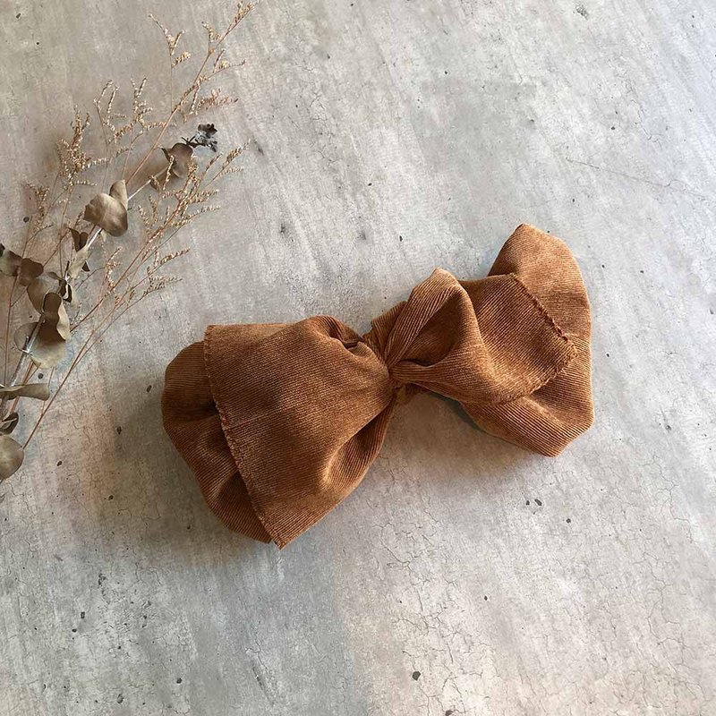 駝色燈芯絨巨蝶髮帶 - 髮箍/髮帶 - 棉．麻 卡其色