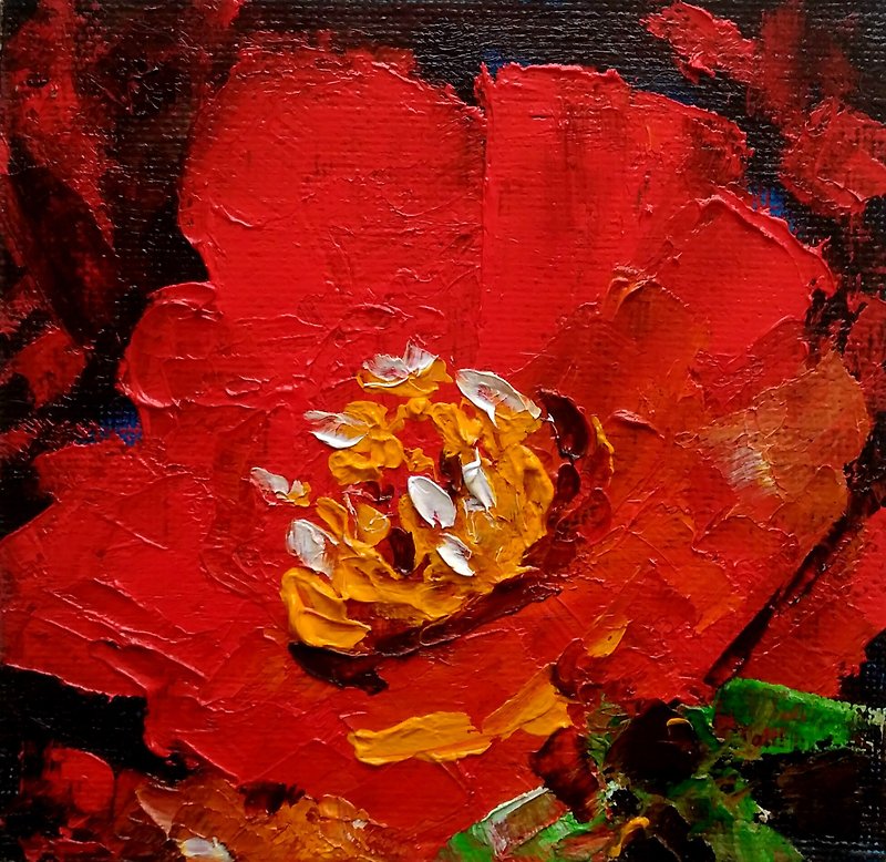 赤い花の絵、小さなオリジナルの絵、花のアート、ポピーの花の壁のアート - ポスター・絵 - その他の素材 レッド