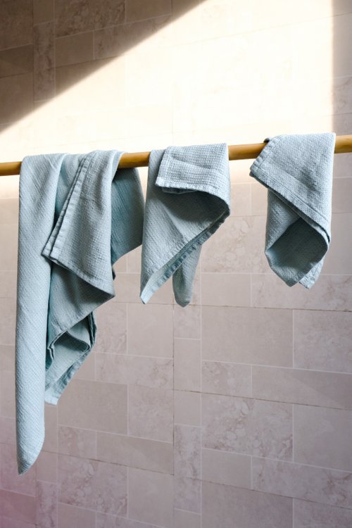 Linen Bath and Hand Towels Set Waffle Balsam Green