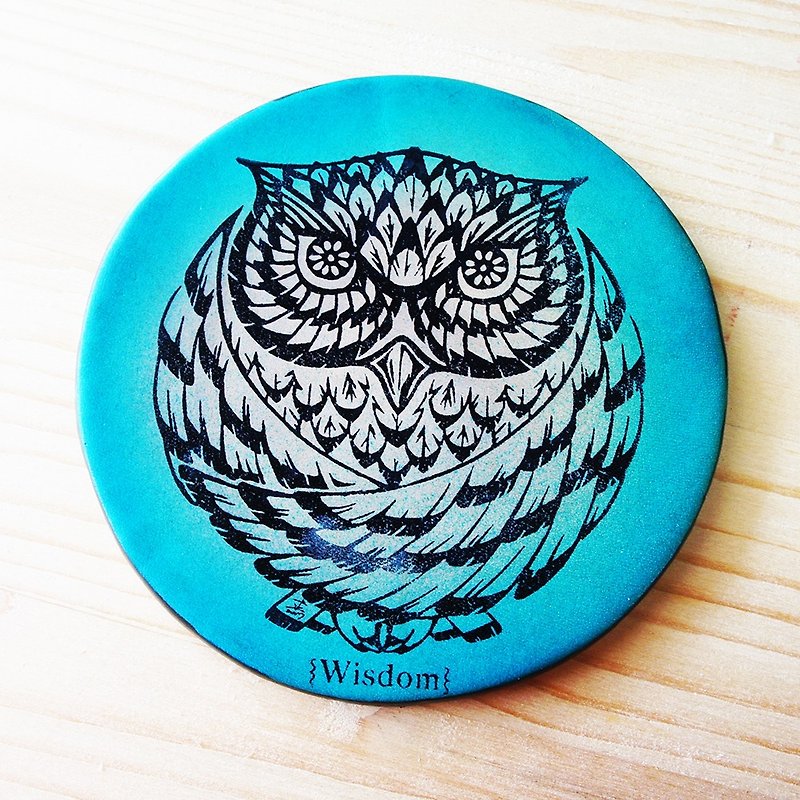 Illustration Series-Wisdom Owl Coaster (1 piece) - ที่รองแก้ว - หนังแท้ สีน้ำเงิน