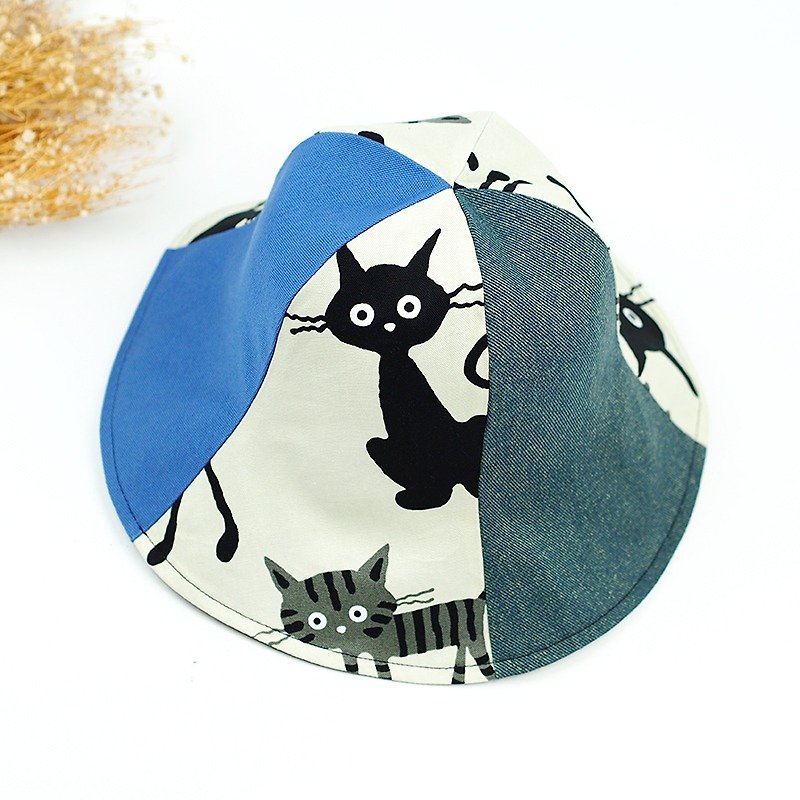 Calf Village Calf Village Handmade double-sided hat Men and women Fisherman's hat Sunset cute cat wild style [hair flank kitten] [H-245] limited - หมวก - ผ้าฝ้าย/ผ้าลินิน ขาว