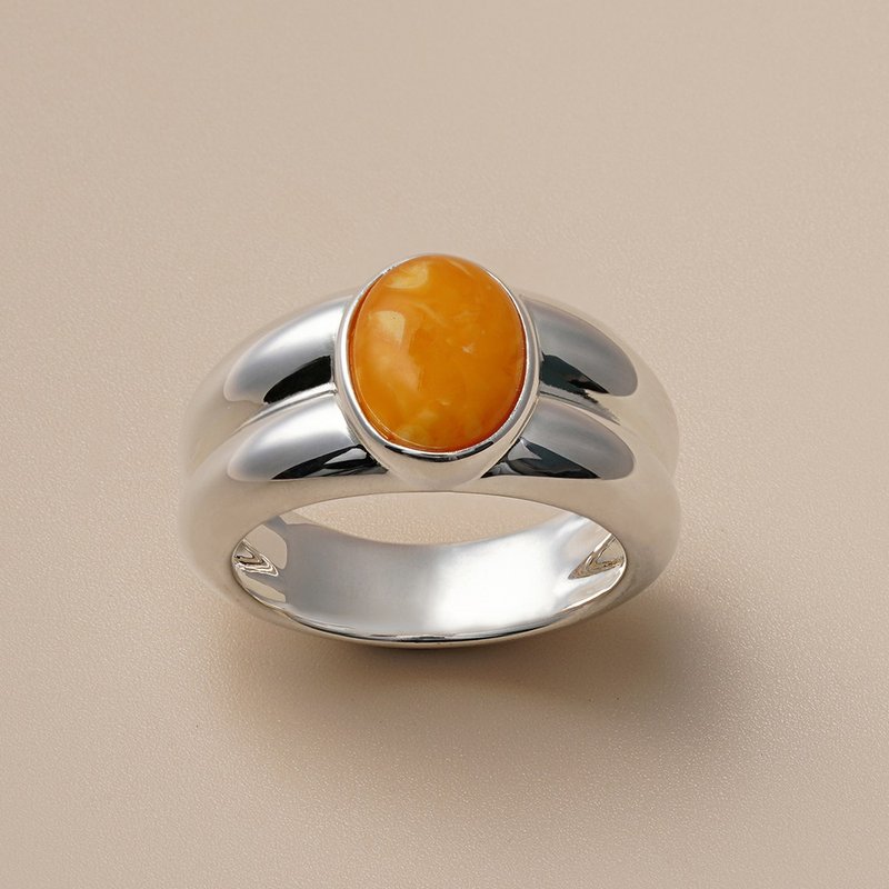 VISHI Original 925 Sterling Silver Wide Honey Wax Amber Stone Ring, Female Minor - แหวนทั่วไป - เงินแท้ 