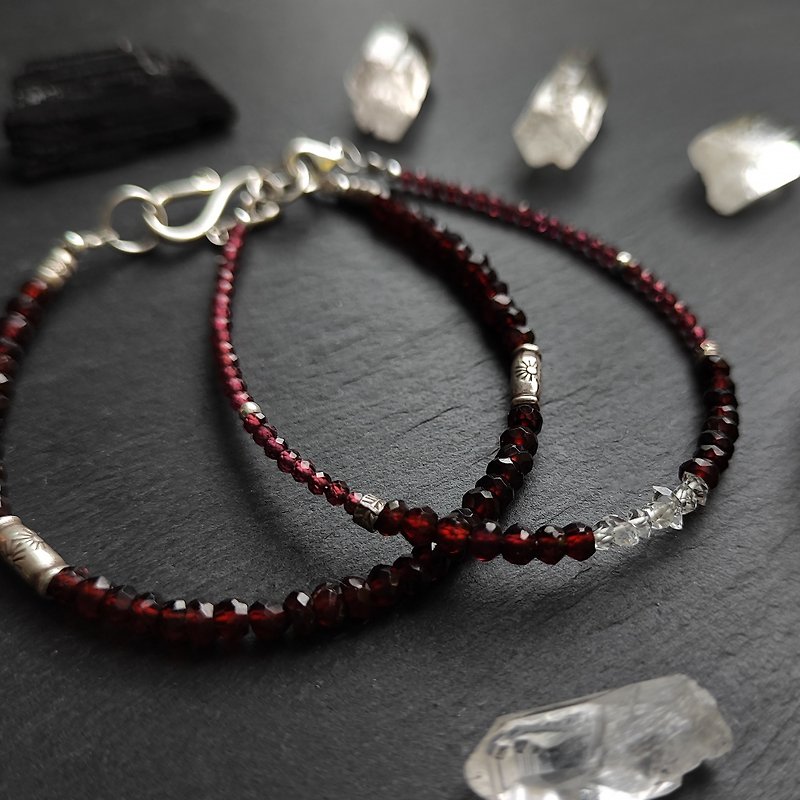Garnet Bracelet Set with Herkimer Quartz cherry color - Bracelets - Gemstone Red