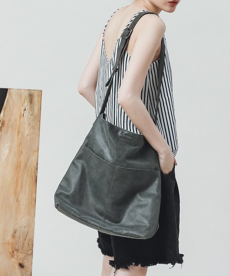 Multi-Layer Ladder Leather Tote Shoulder Bag - Blue Grey - Messenger Bags & Sling Bags - Genuine Leather Gray