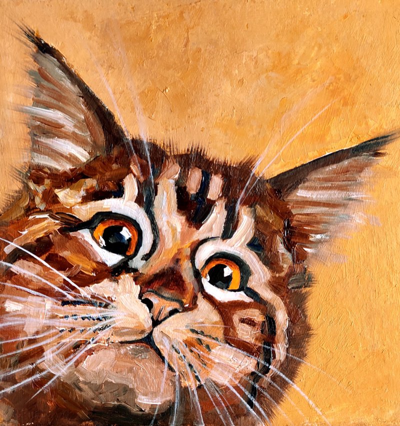 Tabby Kitten Original Painting, Funny Pet Portrait, Cat Wall Art, Cute Animal - โปสเตอร์ - วัสดุอื่นๆ สีส้ม