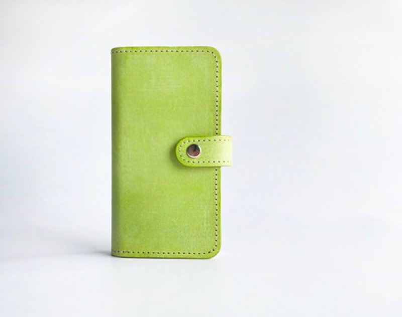 Lime green iPhone case (notebook type) Italian leather MAINE Compatible with many models - Other - Genuine Leather 