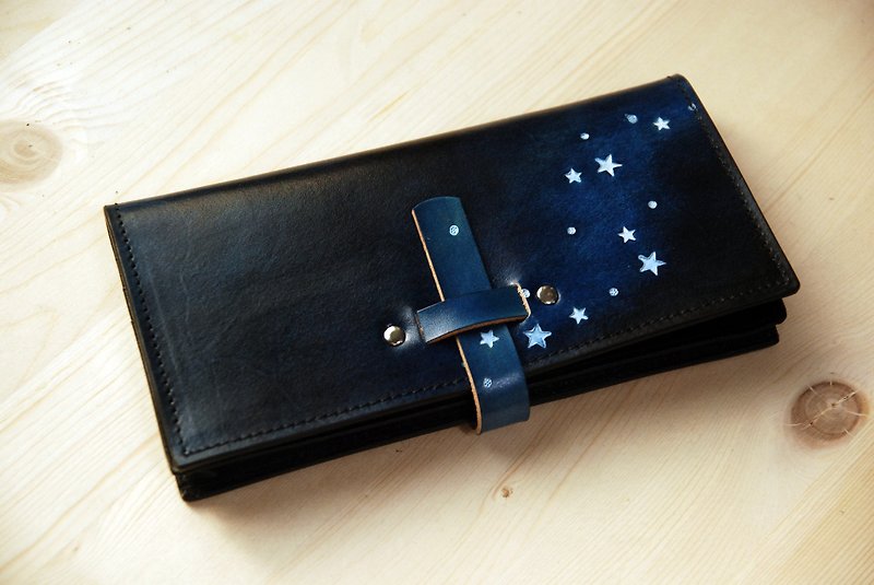 [Vegetable Tanned Leather Long Clip] Plug-in Starry Blue Leather Long Clip - Wallets - Genuine Leather Blue