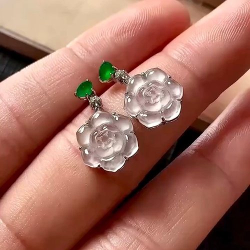 Good Morning Studio 冰種翡翠天然翡翠A玉耳墜耳釘 • 18k金花朵翡翠耳環