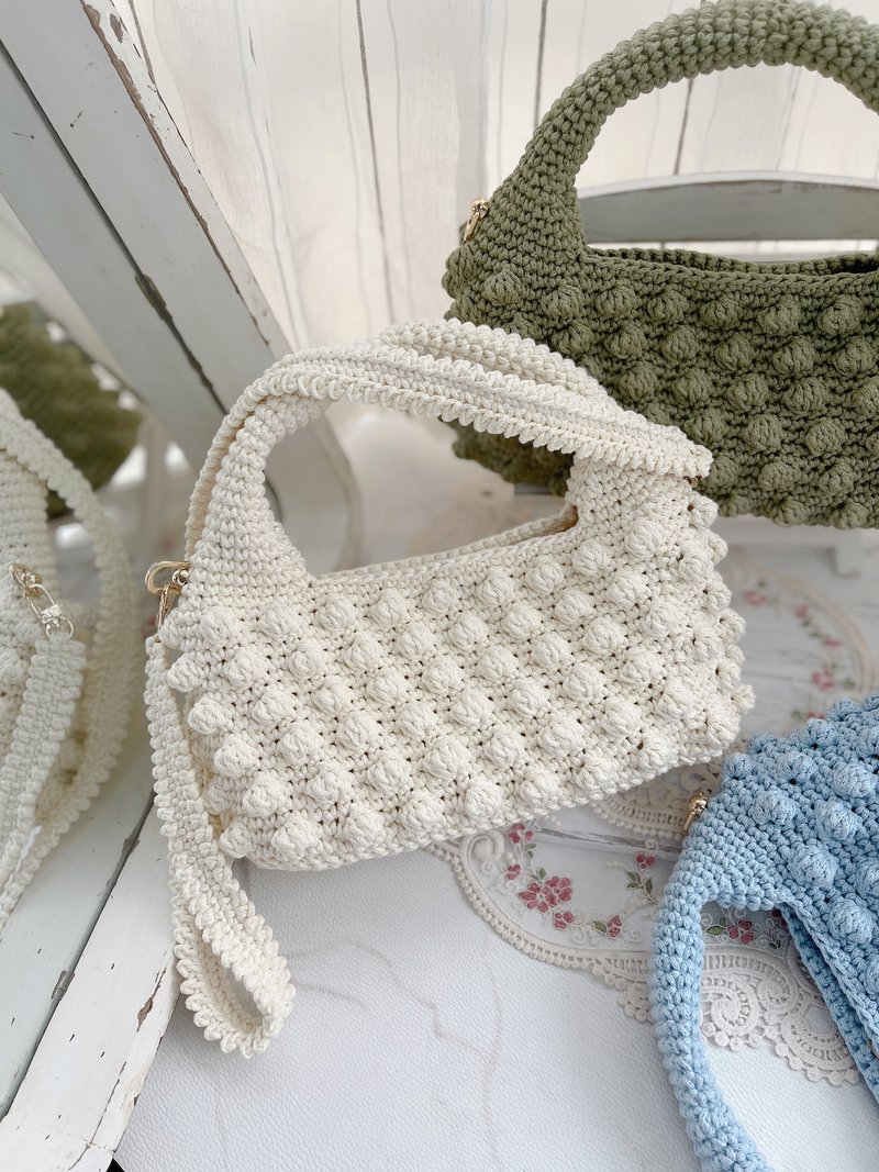 Handmade crochet Popcorn handbag shoulder bag - white spotted - Handbags & Totes - Cotton & Hemp White