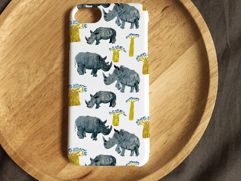 Rhinoceros and bread tree iphone7 phone shell African animal prairie stroll matte hard shell - Phone Cases - Plastic White