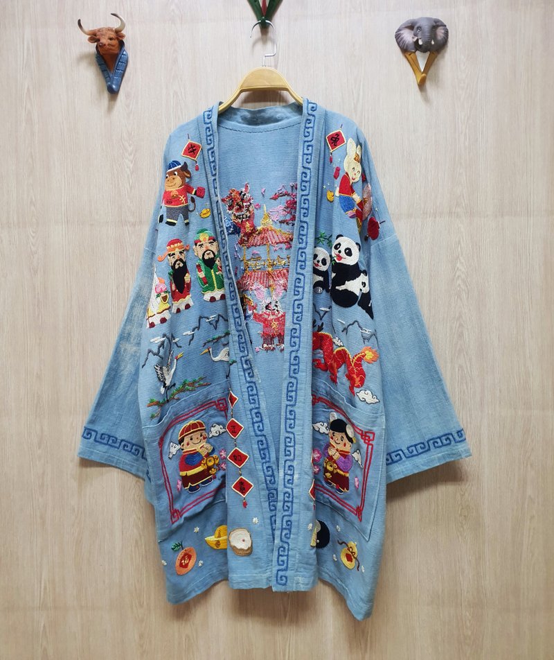 手工刺繡開衫、棉、中國主題、龍、熊貓、中國新年 - 女上衣/長袖上衣 - 繡線 藍色