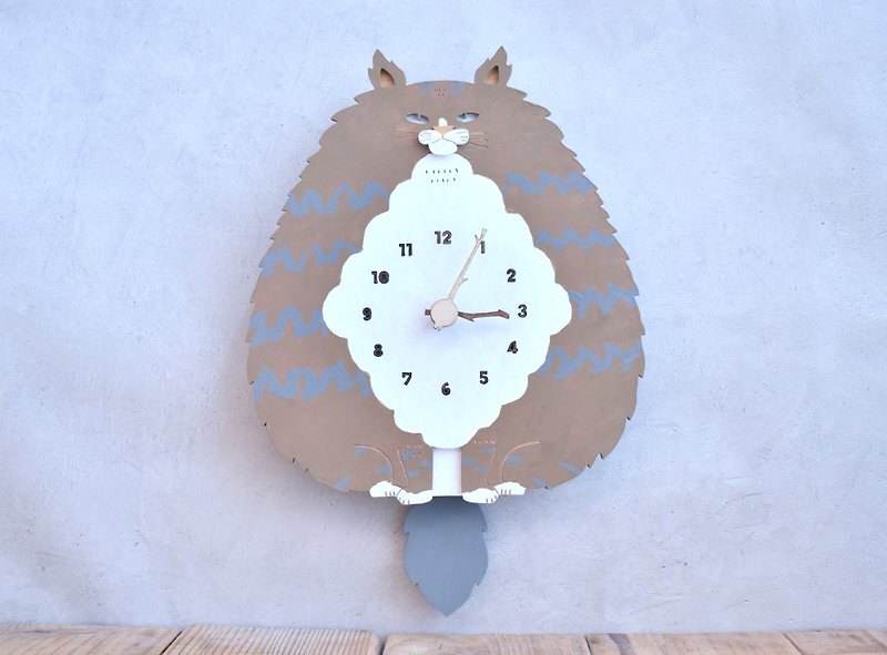 挪威森林貓造型木製掛鐘 / 擺鐘 - 時鐘/鬧鐘 - 木頭 卡其色