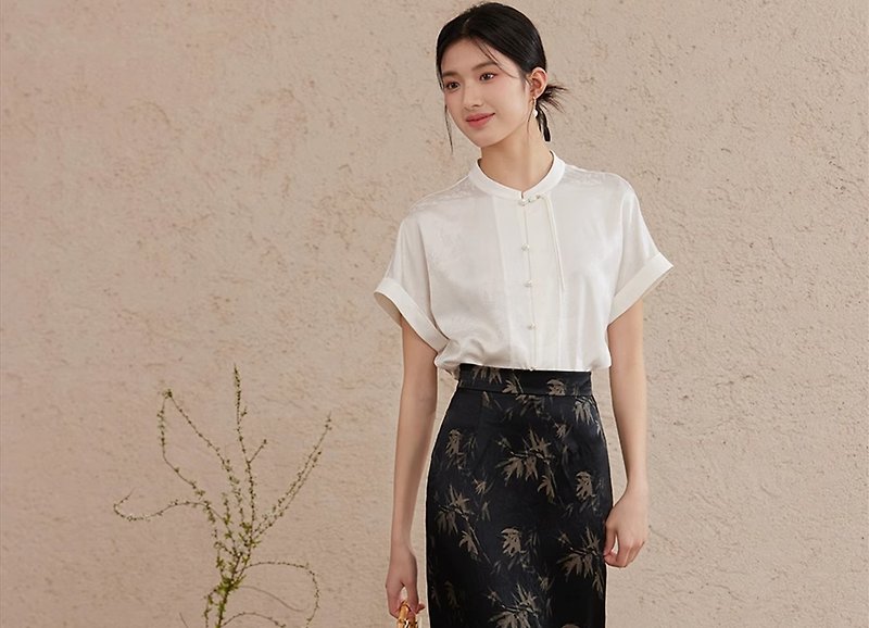 New Chinese retro Chinese style stand-up collar commuter acetate button top/skirt - Women's Tops - Other Materials White
