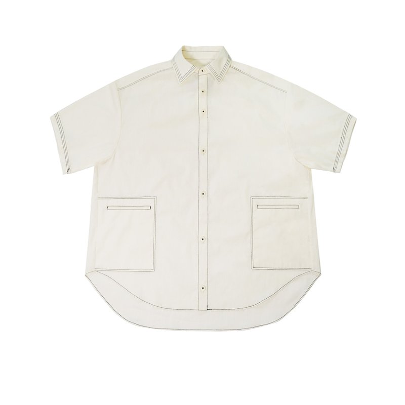 FUSIO FUSIO - Short Sleeve Stitched Shirt - White - เสื้อเชิ้ตผู้ชาย - วัสดุอื่นๆ ขาว