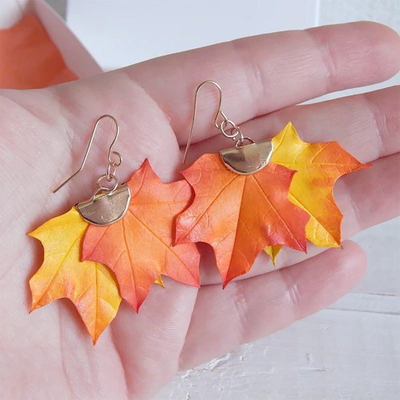 Flower earrings Autumn maple leaf earrings Orange yellow floral jewelry Fall - 耳環/耳夾 - 其他材質 黃色