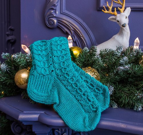 Knittessa Hand knitted socks turquoise green color. High-quality handmade.