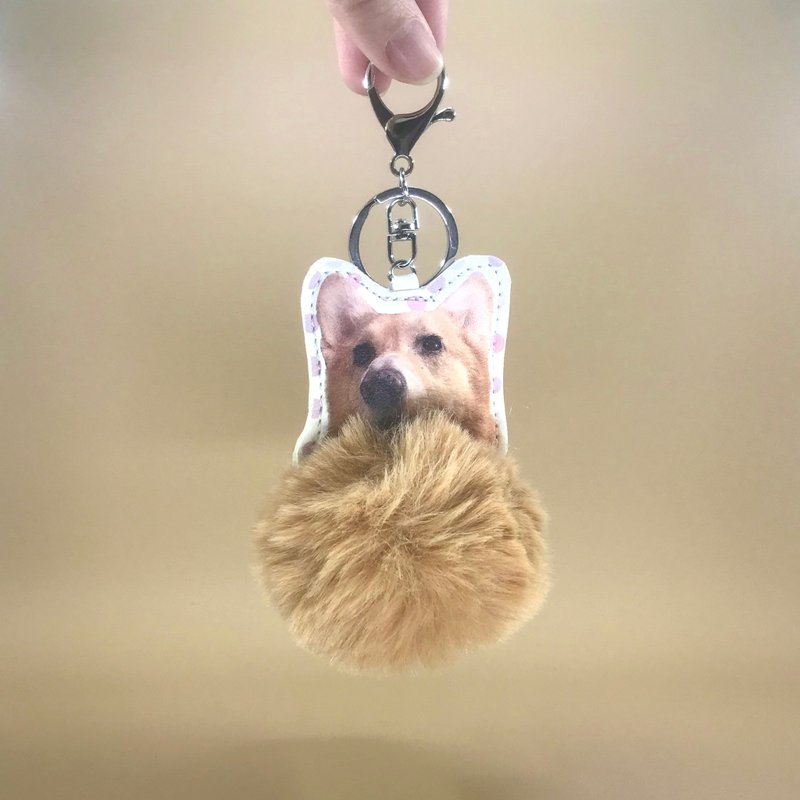 Customization | Pet Photo Leather Paved Cotton Pom Key Ring/Charm - Keychains - Faux Leather White