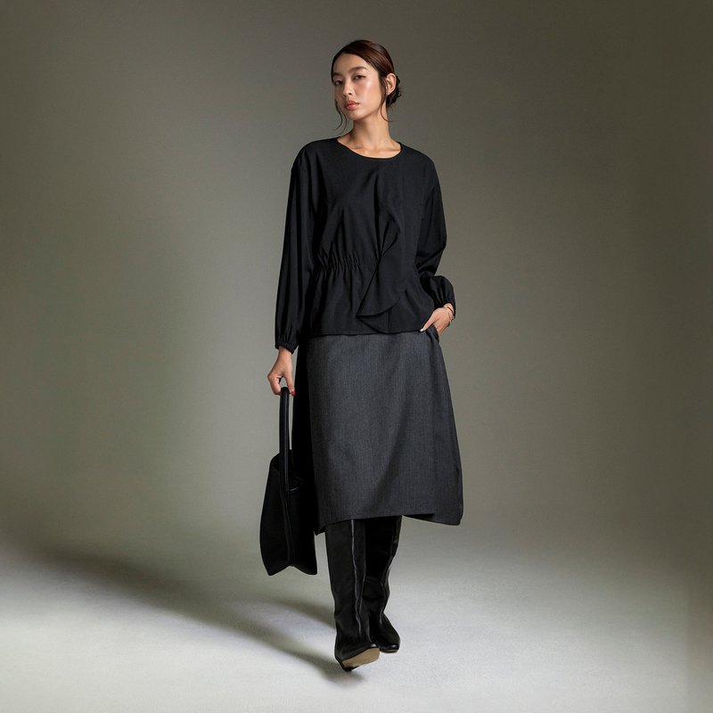 片側柔らかなカーブのレイヤードトップス - トップス - その他の素材 ブラック