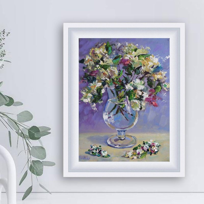 用鲜花绘画, White flowers painting, Original floral art, Bouquet painting, 油畫 白花 - โปสเตอร์ - วัสดุอื่นๆ สีม่วง