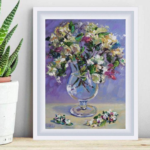 用鲜花绘画、白い花の絵、オリジナルの花のアート、花束の絵