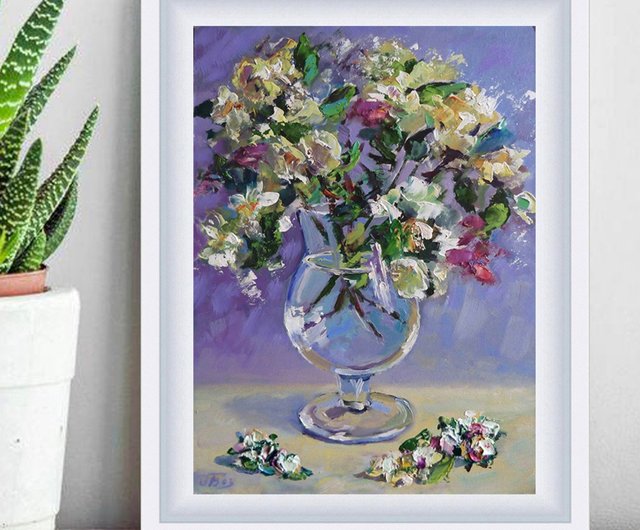 用鲜花绘画、白い花の絵、オリジナルの花のアート、花束の絵