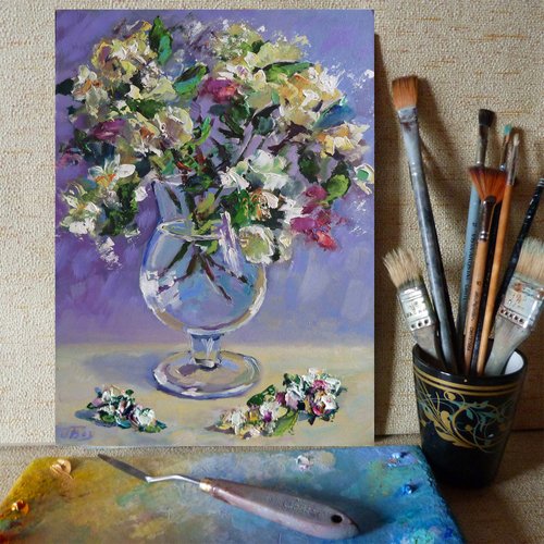 用鲜花绘画、白い花の絵、オリジナルの花のアート、花束の絵