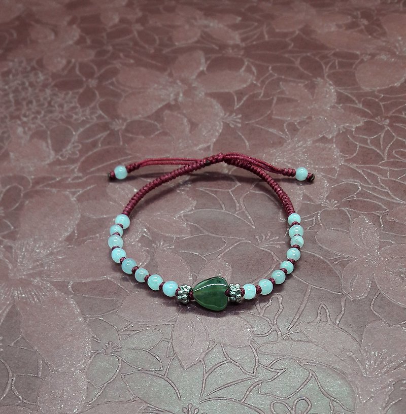 Heart-to-heart jade-natural Burmese jade and silver jewelry Chinese knot jade thread hand-knitted design bracelet - Bracelets - Gemstone Green