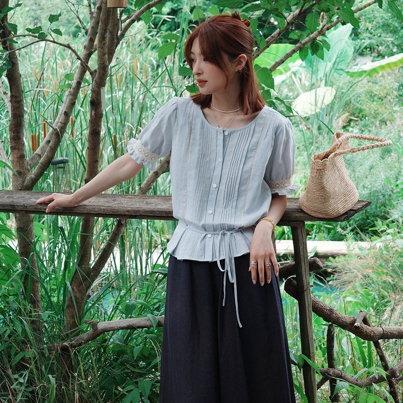 藍色苧麻系帶襯衫|襯衫|夏款|Sora-1856 - 女襯衫 - 棉．麻 藍色