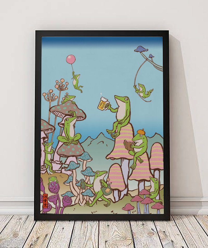 Poster Blue Frogs in the World of Mushrooms - โปสเตอร์ - กระดาษ สีน้ำเงิน