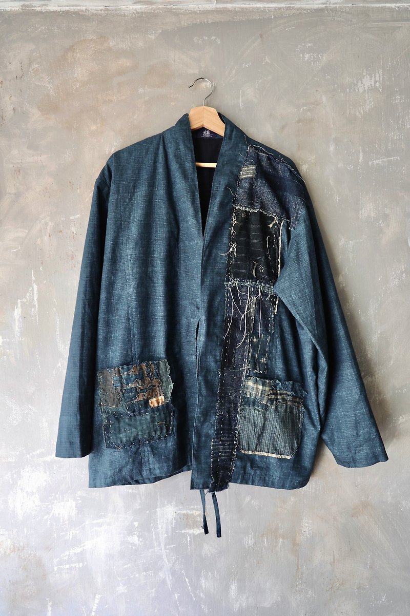summer kimono shirt made with japan cotton + handcrafted Boro fabrics - เสื้อโค้ทผู้ชาย - ผ้าฝ้าย/ผ้าลินิน 