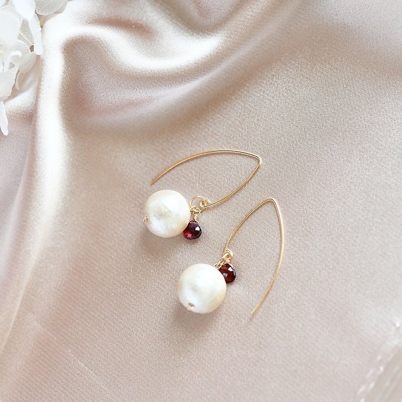 A symbol of love fulfillment Garnet and large cotton pearl earrings 14KGF January birthstone