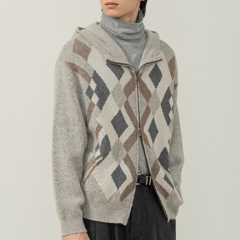 [Textured Plaid] Forest-Inspired Vintage Double-Zip Hooded Cardigan / Plaid Knit Jacket - เสื้อโค้ทผู้ชาย - วัสดุอื่นๆ สีเทา