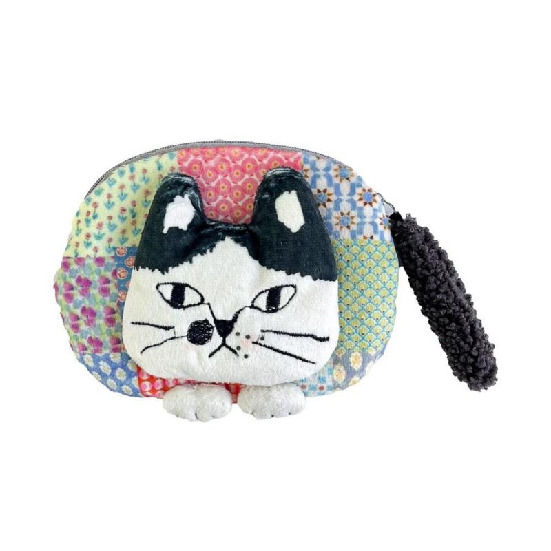 Kusuguru Japan 零錢包 立體貓尾巴 小碎花格子小物收納包 -黑色 - 零錢包/小錢包 - 聚酯纖維 黑色