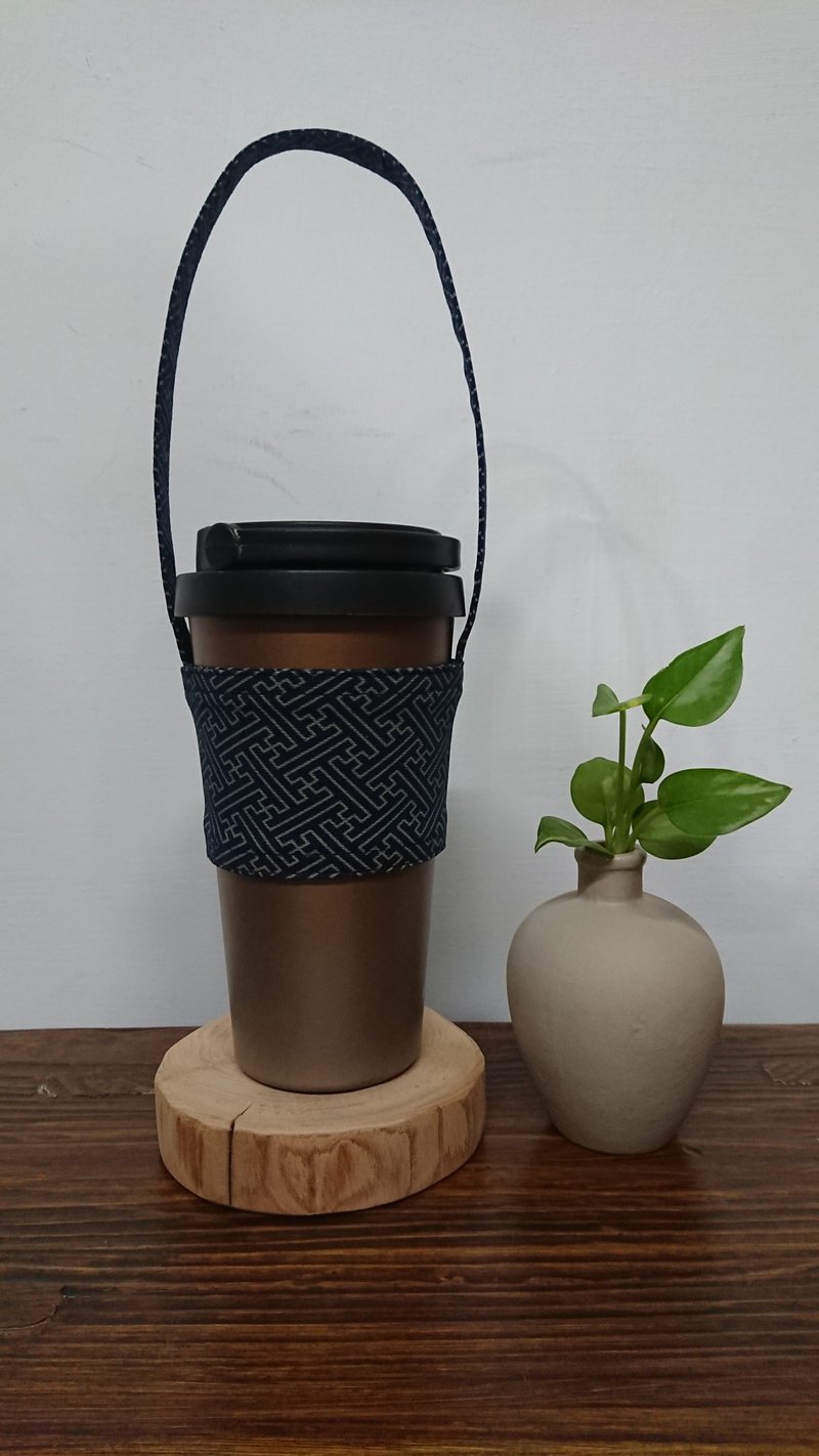 客製化飲料袋 迷宮款 - 飲料提袋/杯套 - 棉．麻 藍色