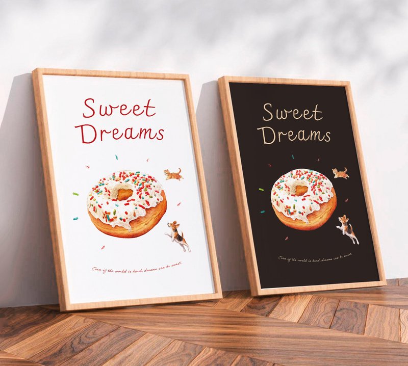 SWEET DREAMS_狗狗&貓咪與甜甜圈 / 原創海報 / A4 或 A3 尺寸 - 海報/掛畫/掛布 - 塑膠 白色