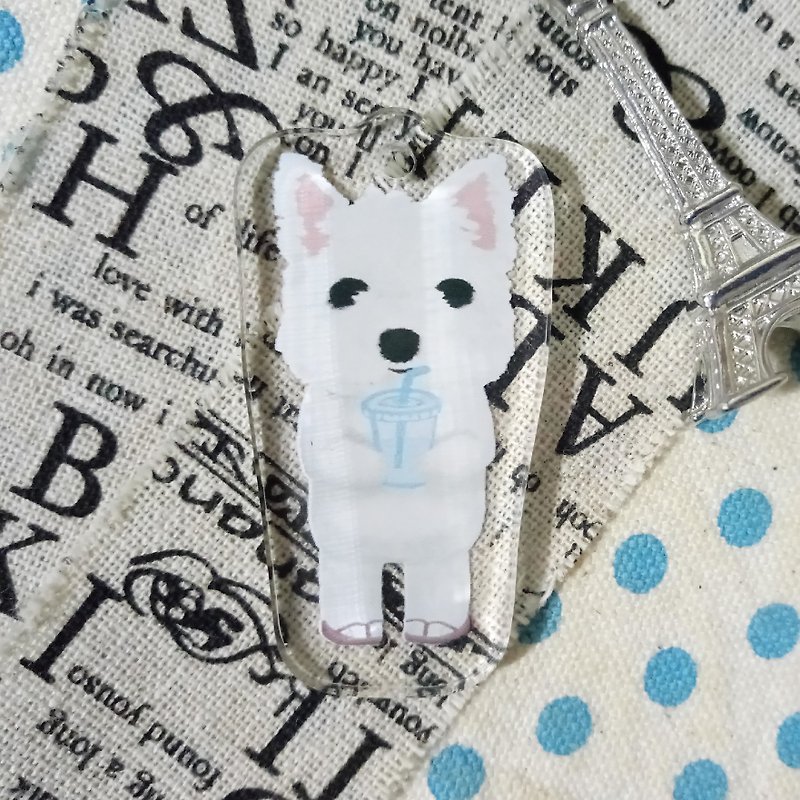 Q Version Oil Painting Drinking Drink-West Highland White Terrier~ (Single Layer) Acrylic Strap (with key ring) - Keychains - Acrylic 